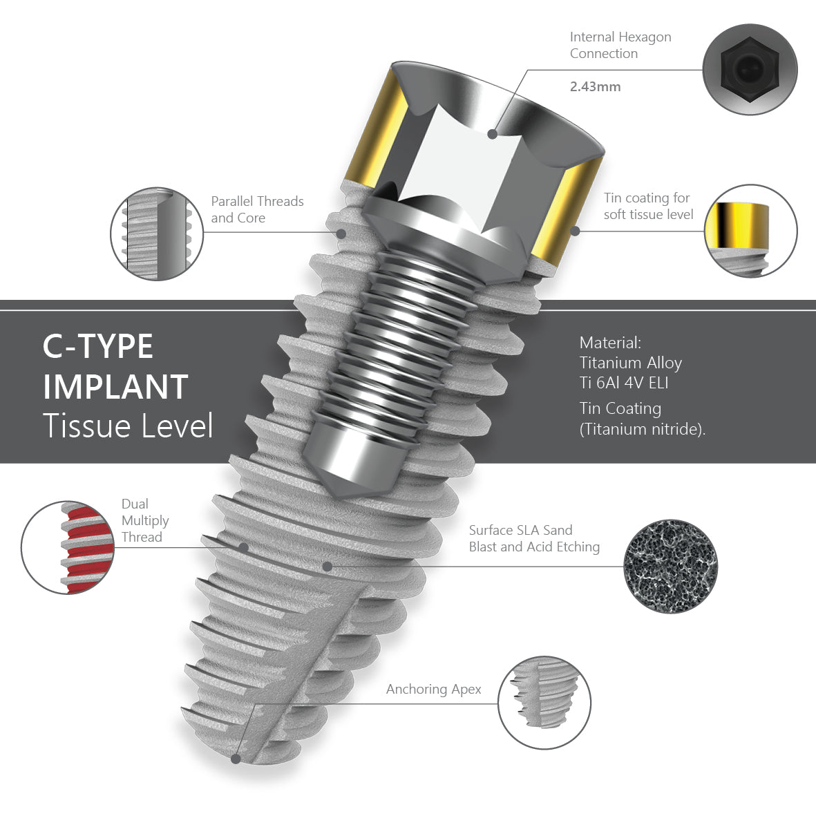c-type tissue level implant 2.0 mm gold pvd neck internal hex 2.43 features