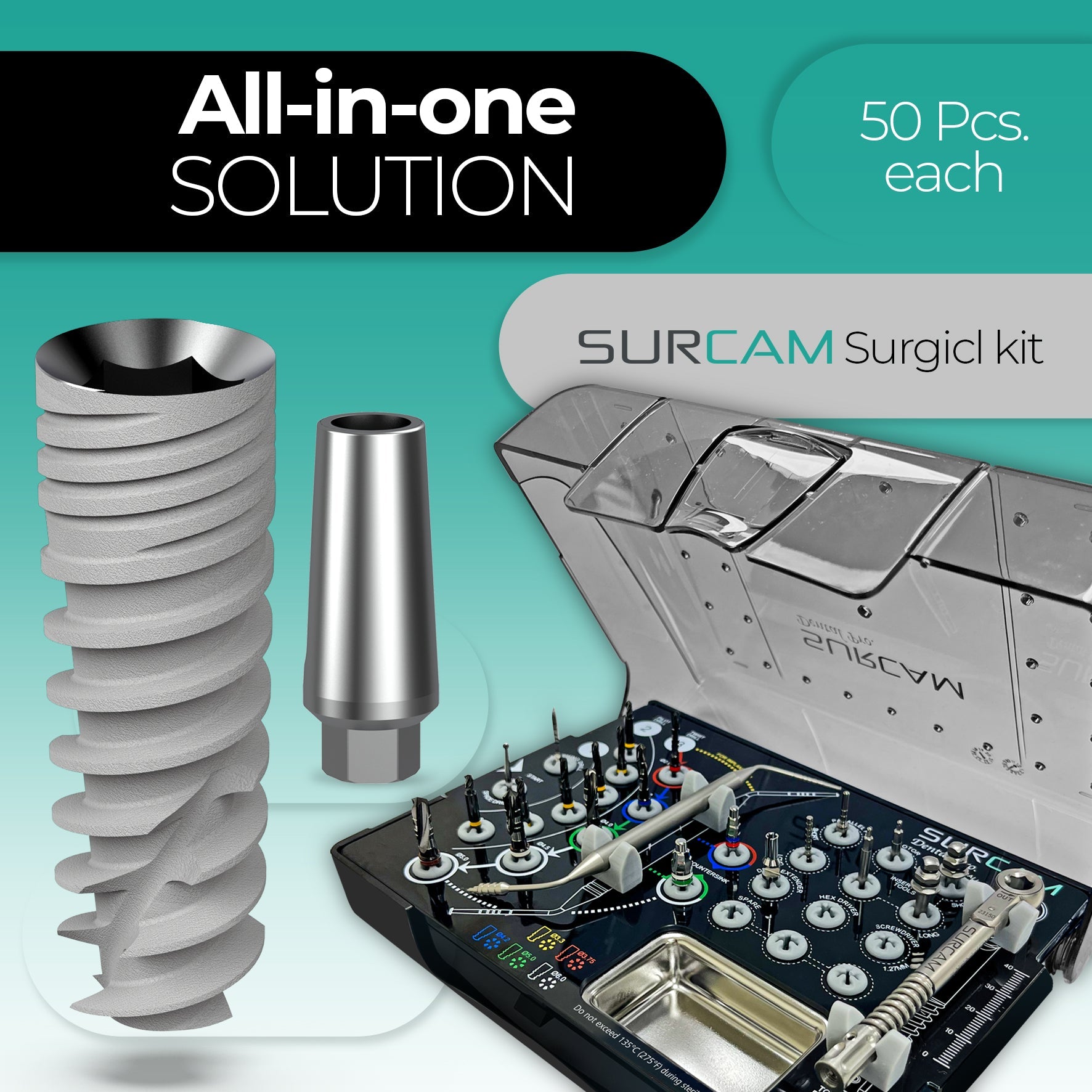 All-in-one implant bundle with 50 implants, 50 abutments, and premium surgical kit
