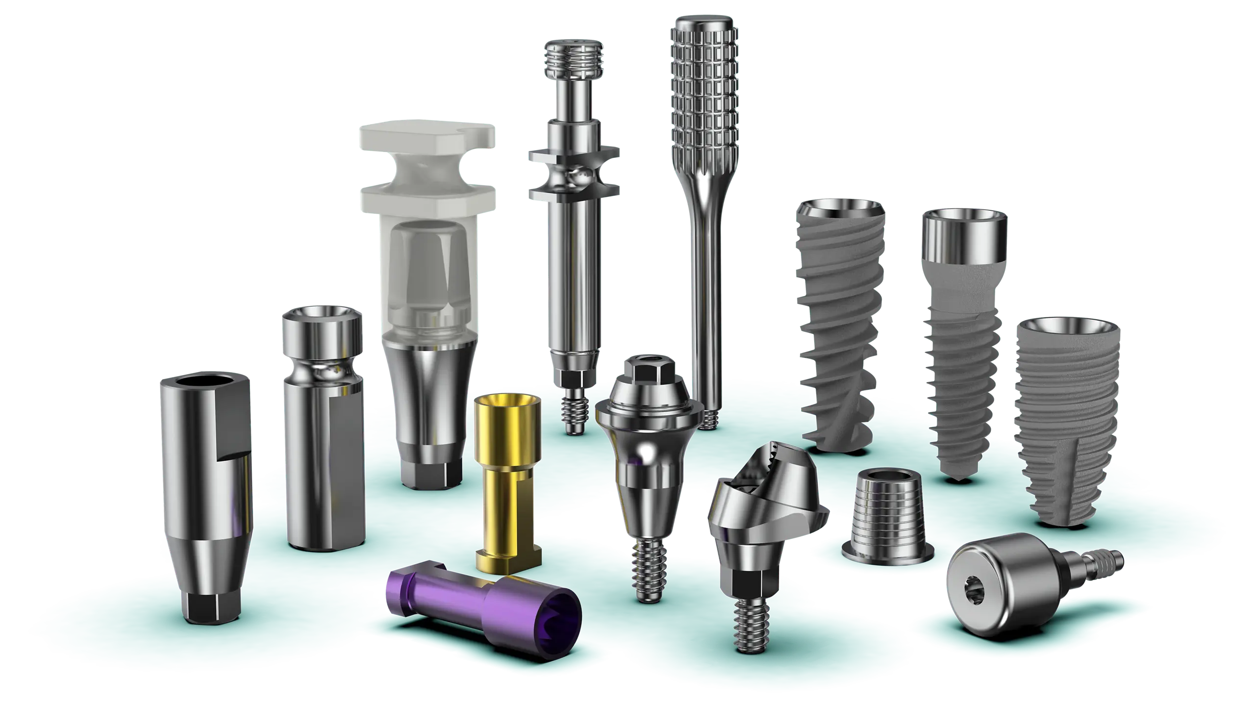 Conical Connection titanium dental implants with abutments, transfers, and analogs designed for secure sealing, esthetic fit, and long-term strength.