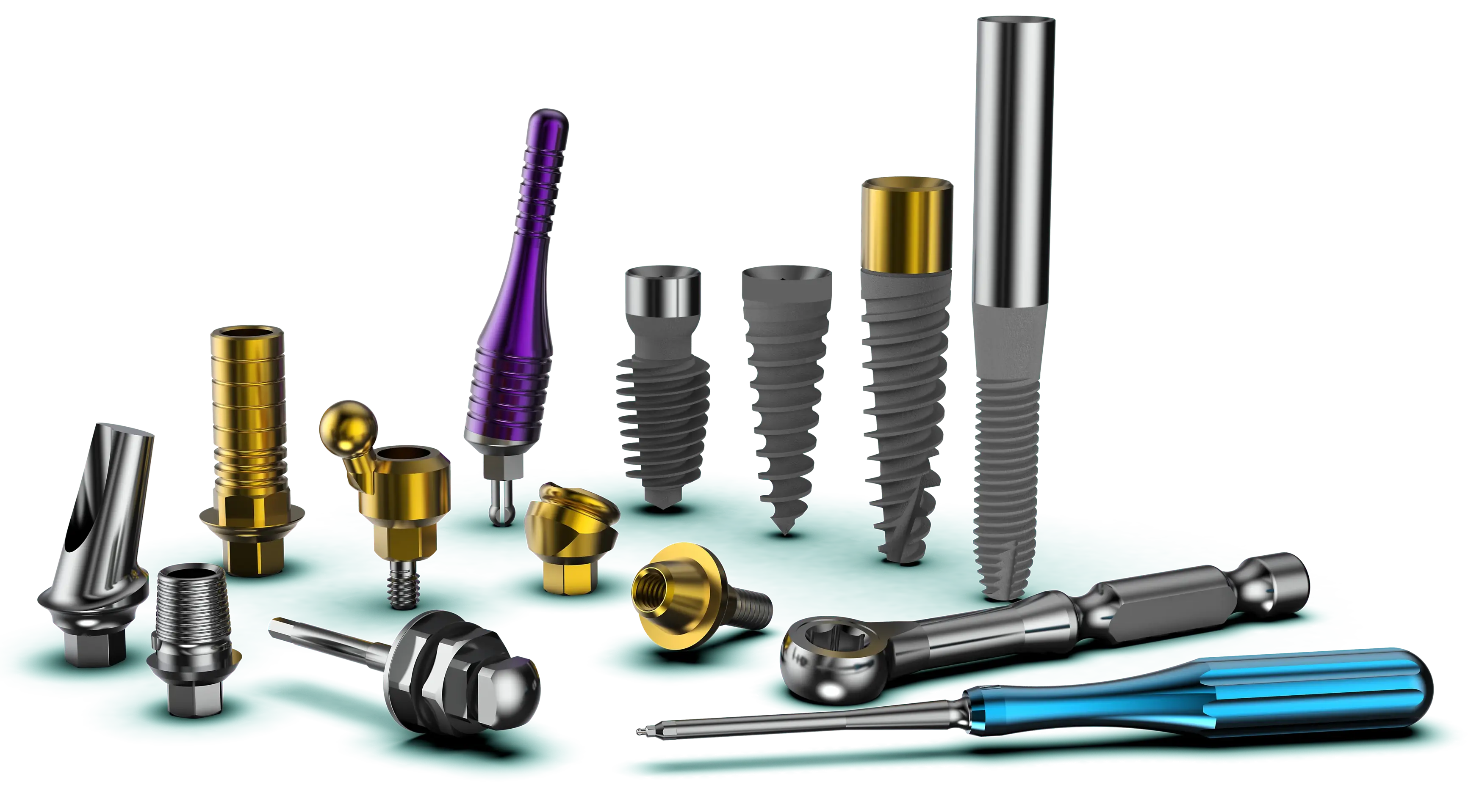 Collection of Internal Hex dental implants, abutments, healing caps, and prosthetic components engineered for precision fit and titanium stability.