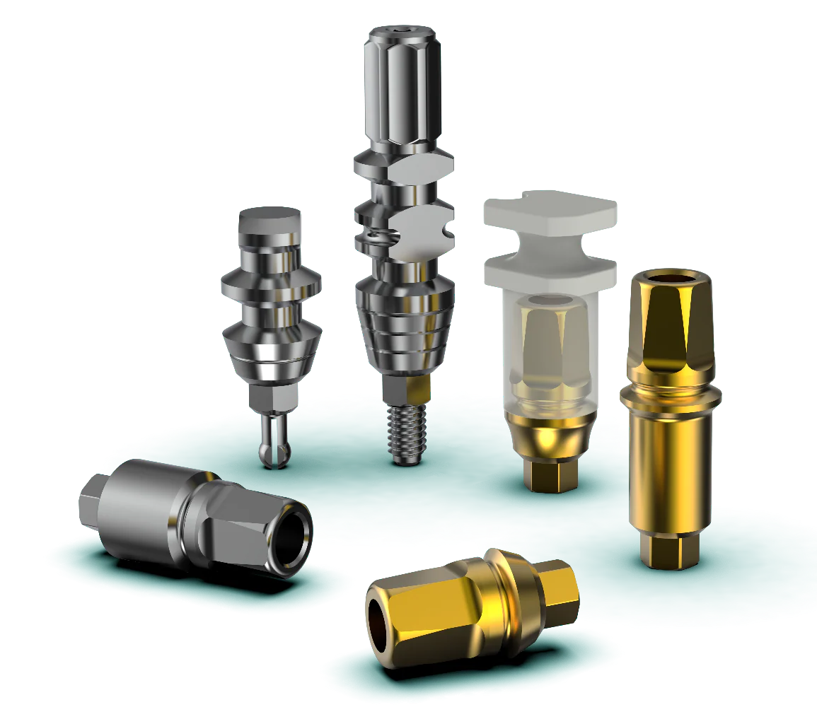 Internal Hex implant transfers and analogs for accurate impressions and model fabrication, ensuring precise seating and restorative alignment in dental implant workflows.