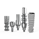 Surcam dental implant cemented restoration trial kit with implant, straight abutment, healing cap, impression coping, and analog